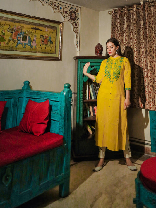 Women's Yellow Regular A-Line Calf Long Kurta - world.com