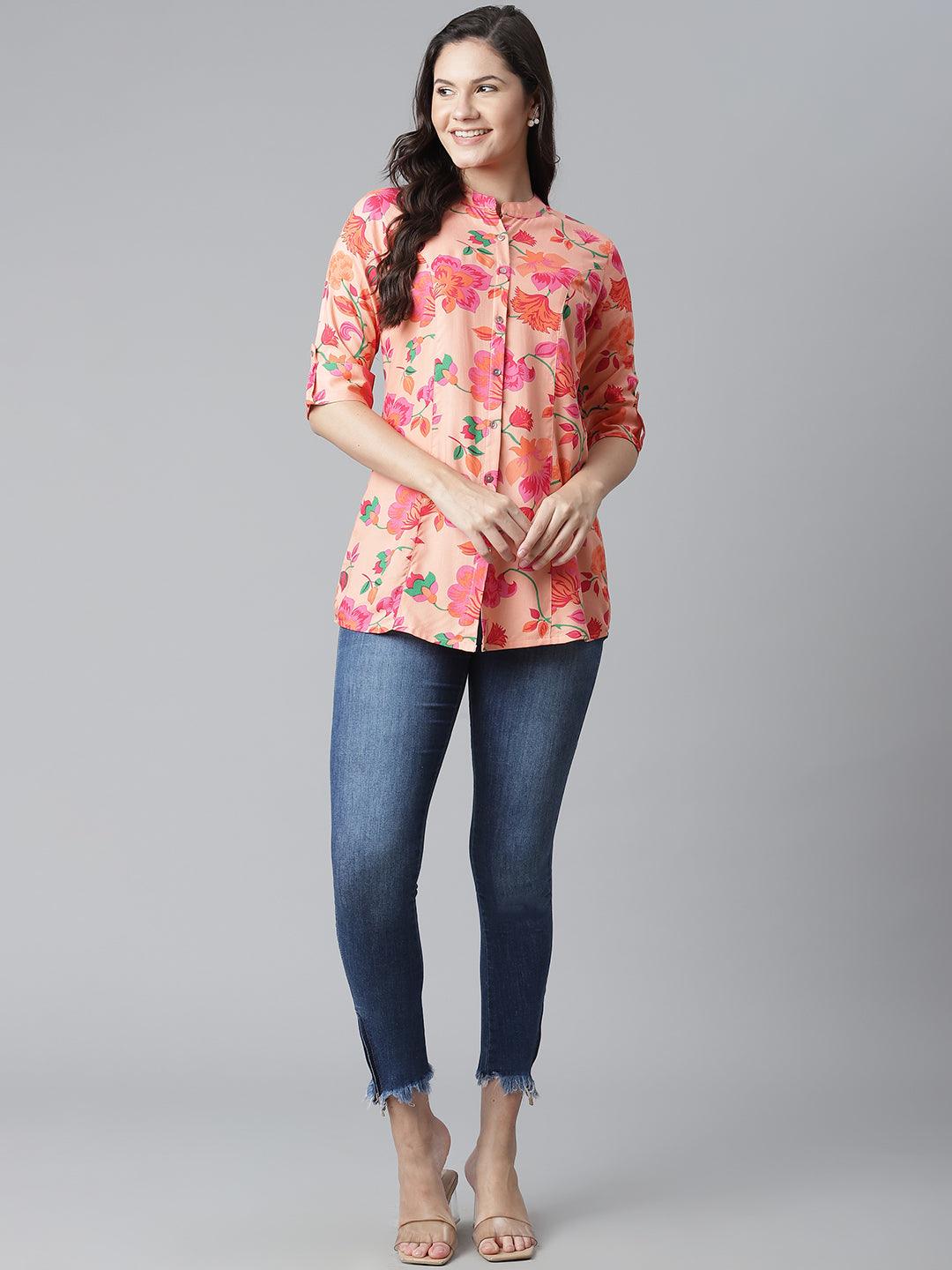 Rayon Peach Floral Print Shirt Style A-Line Top
