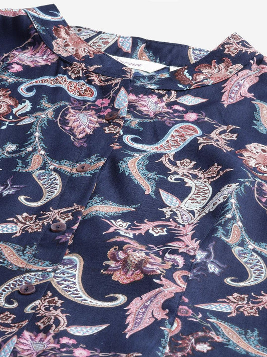 Blue Printed Rayon Shirt Style A-Line Top