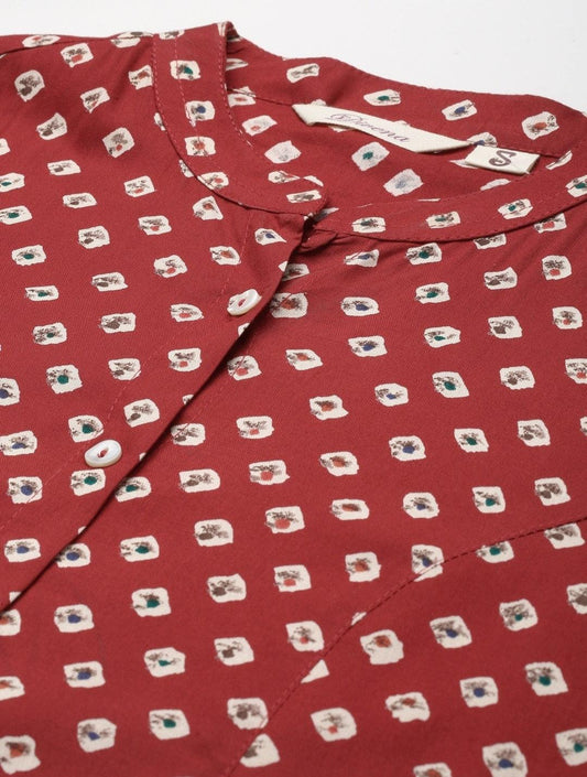 Maroon Bandhani Print Shirt Style A-line Top