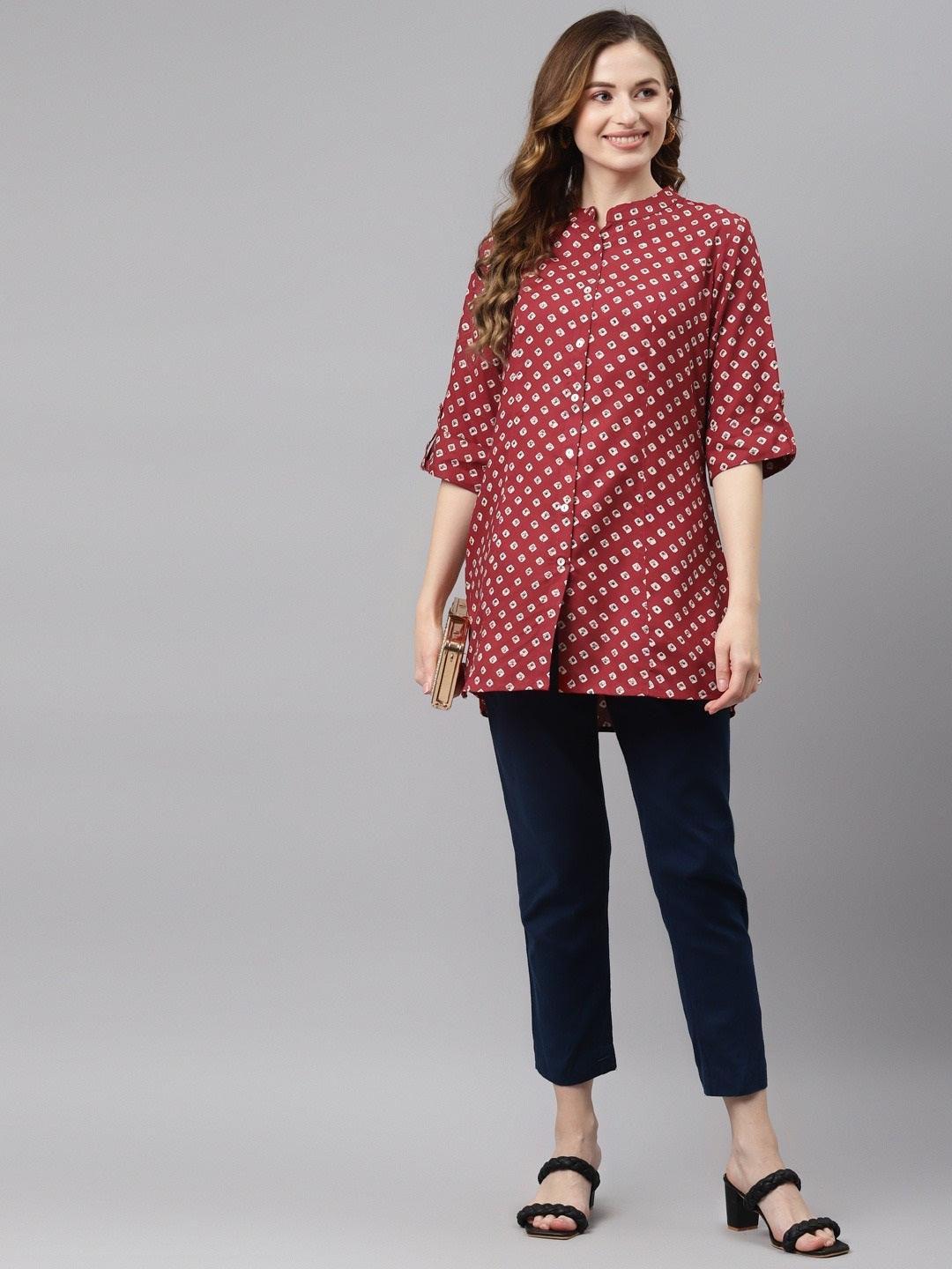 Maroon Bandhani Print Shirt Style A-line Top