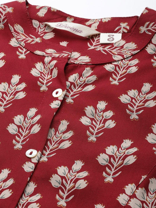 Dark Maroon Floral Rayon A-line Shirts Style Top