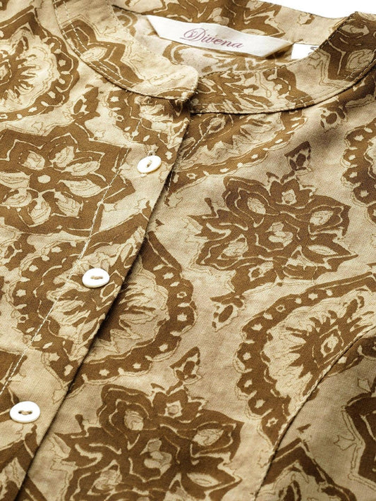 Coffee Brown Floral Rayon A-line Shirts Style Top