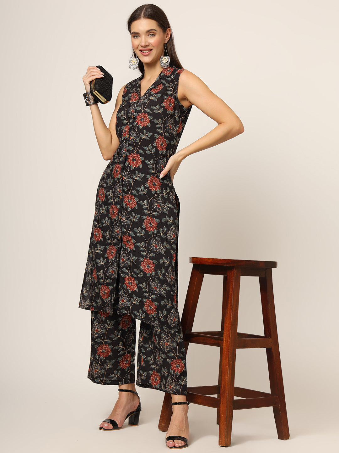 Black Printed Rayon Fabric Straight Kurta