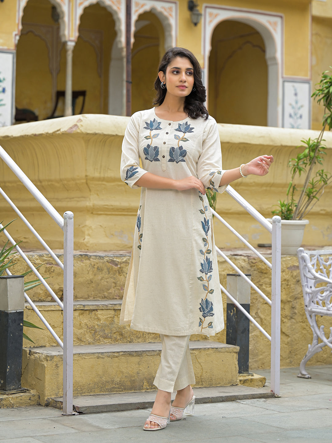 Off White Blue Embroidered Kurta Pant Set