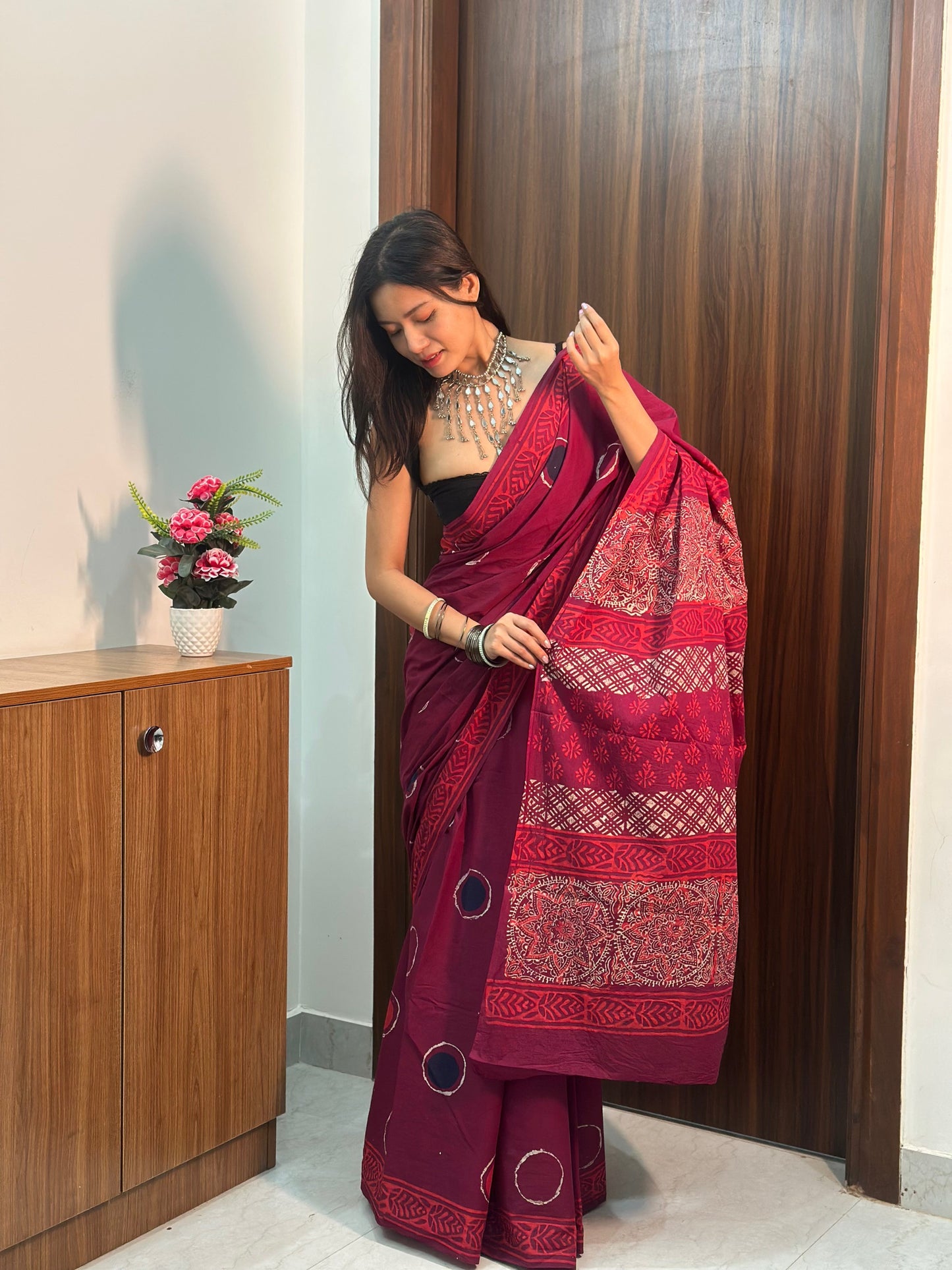 Bubble Pop Maroon & Purple Handblock Printed Cotton Saree