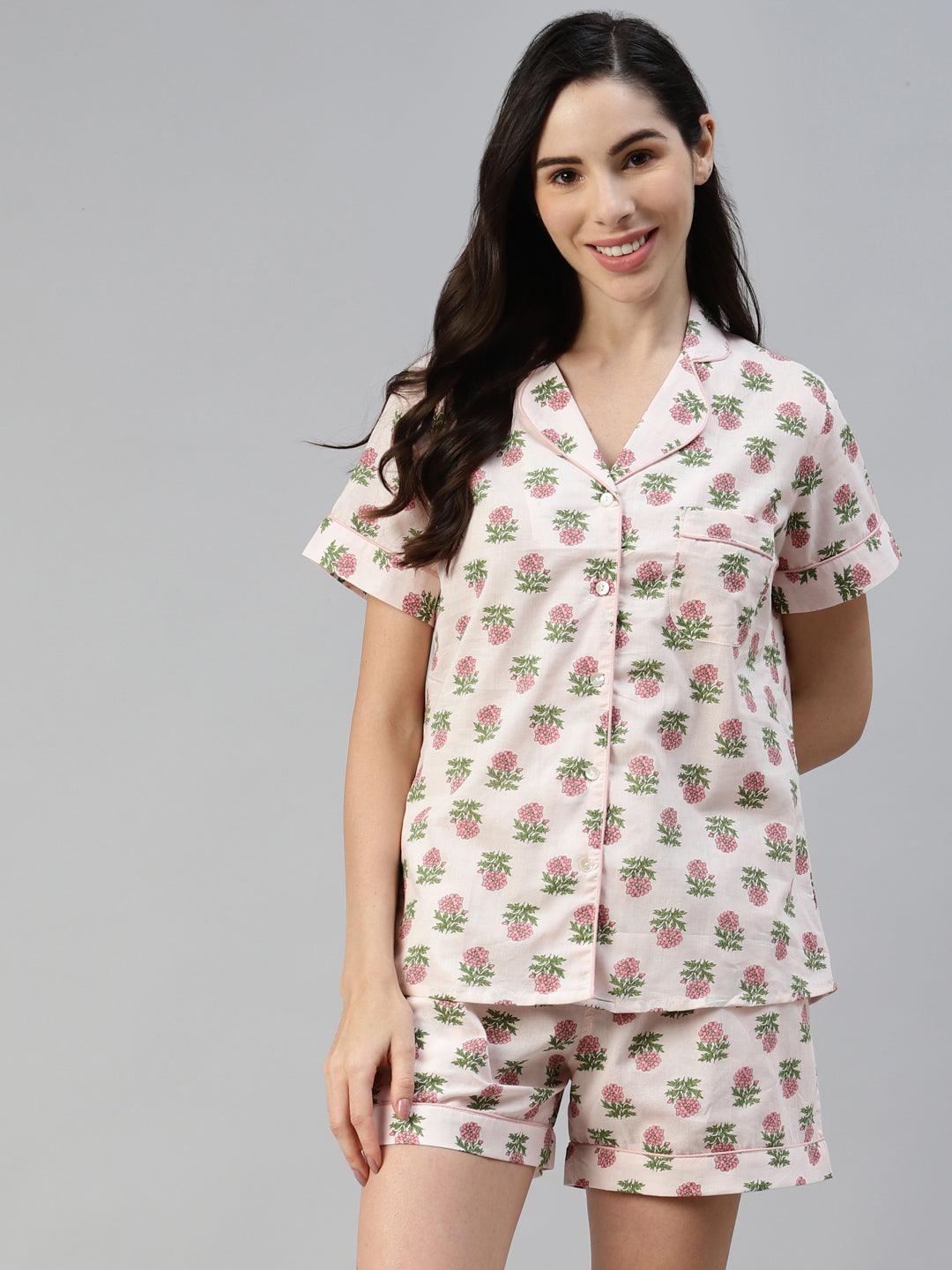 Baby pink Cotton Floral Print Night Suit