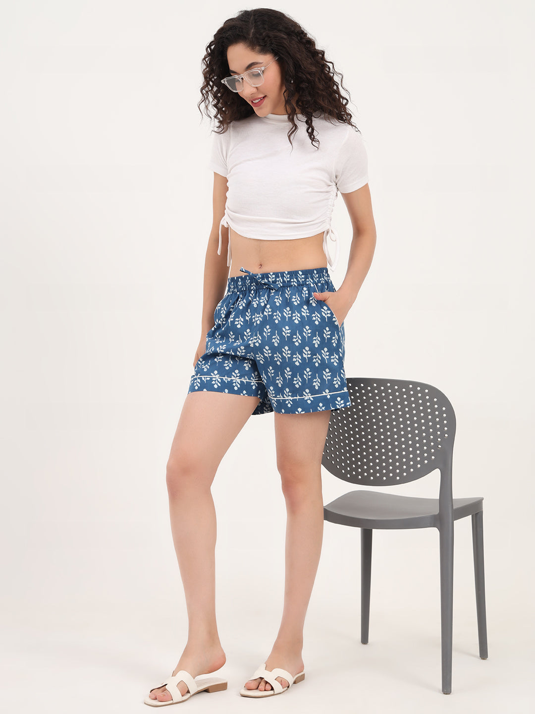 Blue Floral Print Cotton Shorts