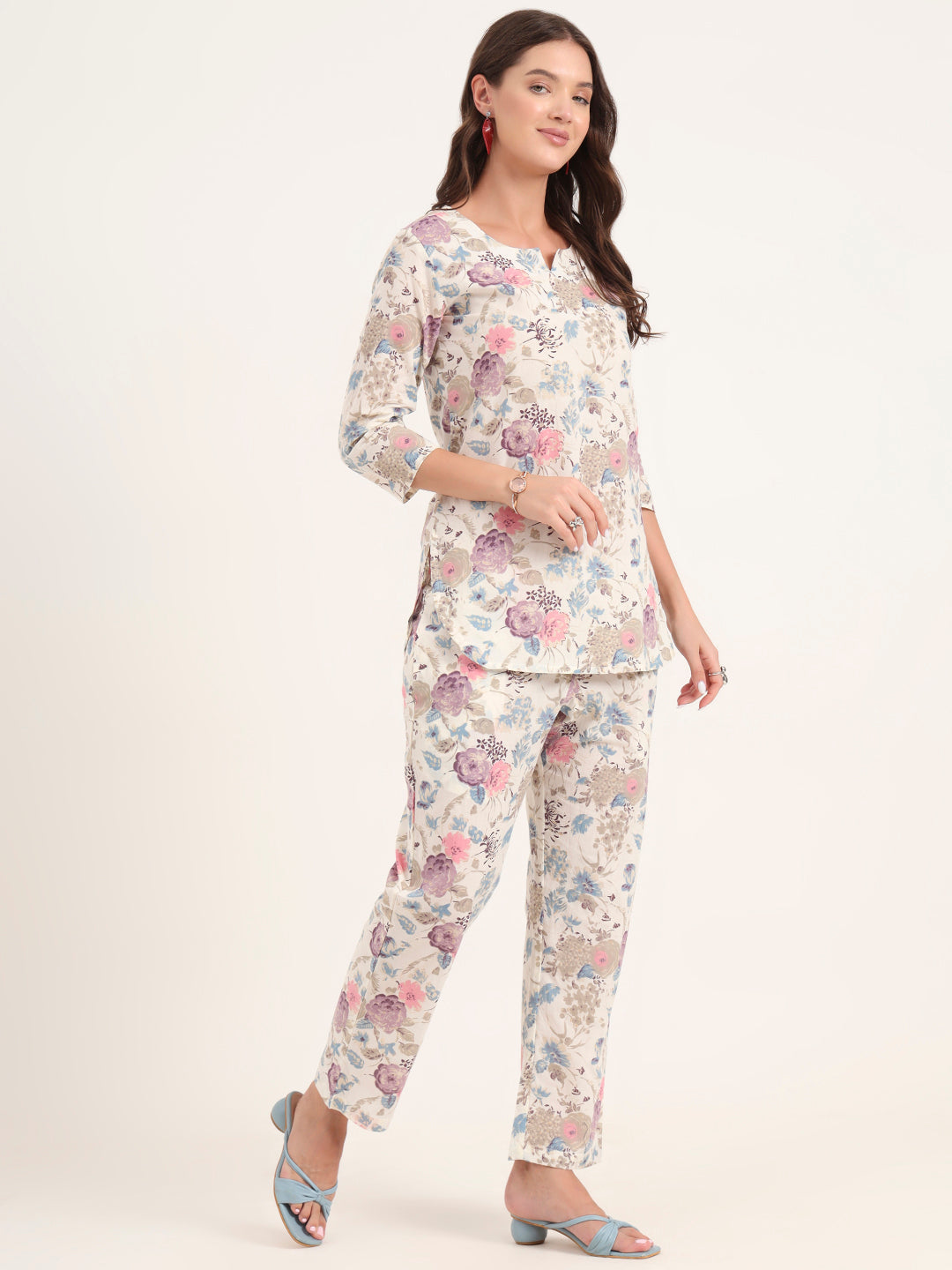 Cream Printed Cotton Night Suit Sets