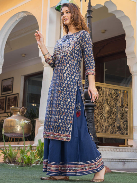 Navy Blue Cotton Gota Patti Work Palazzo Set