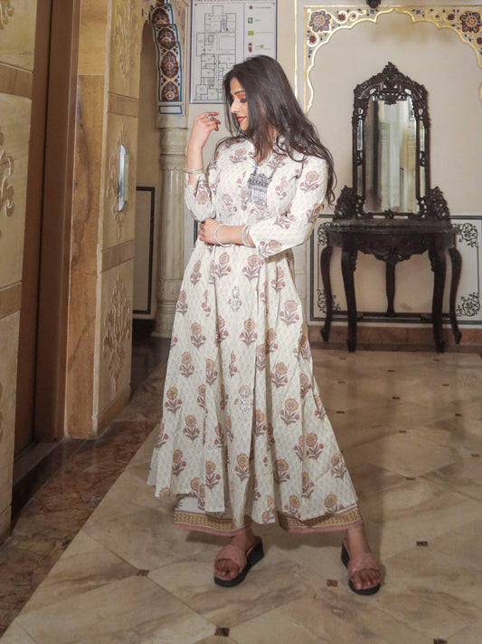 ivory white self print cotton kurti with palazzo set - world.com