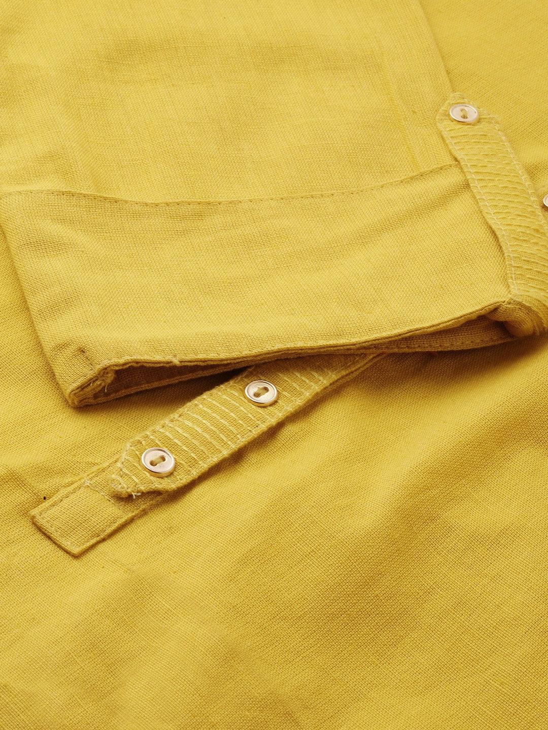 Yellow Solid Straight Roll up Sleeve Kurti