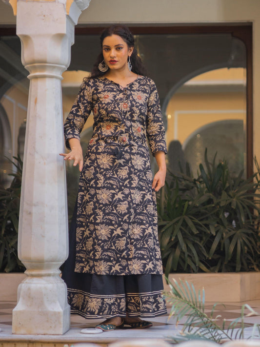 Black Printed Kurta with Palazzo Set - world.com