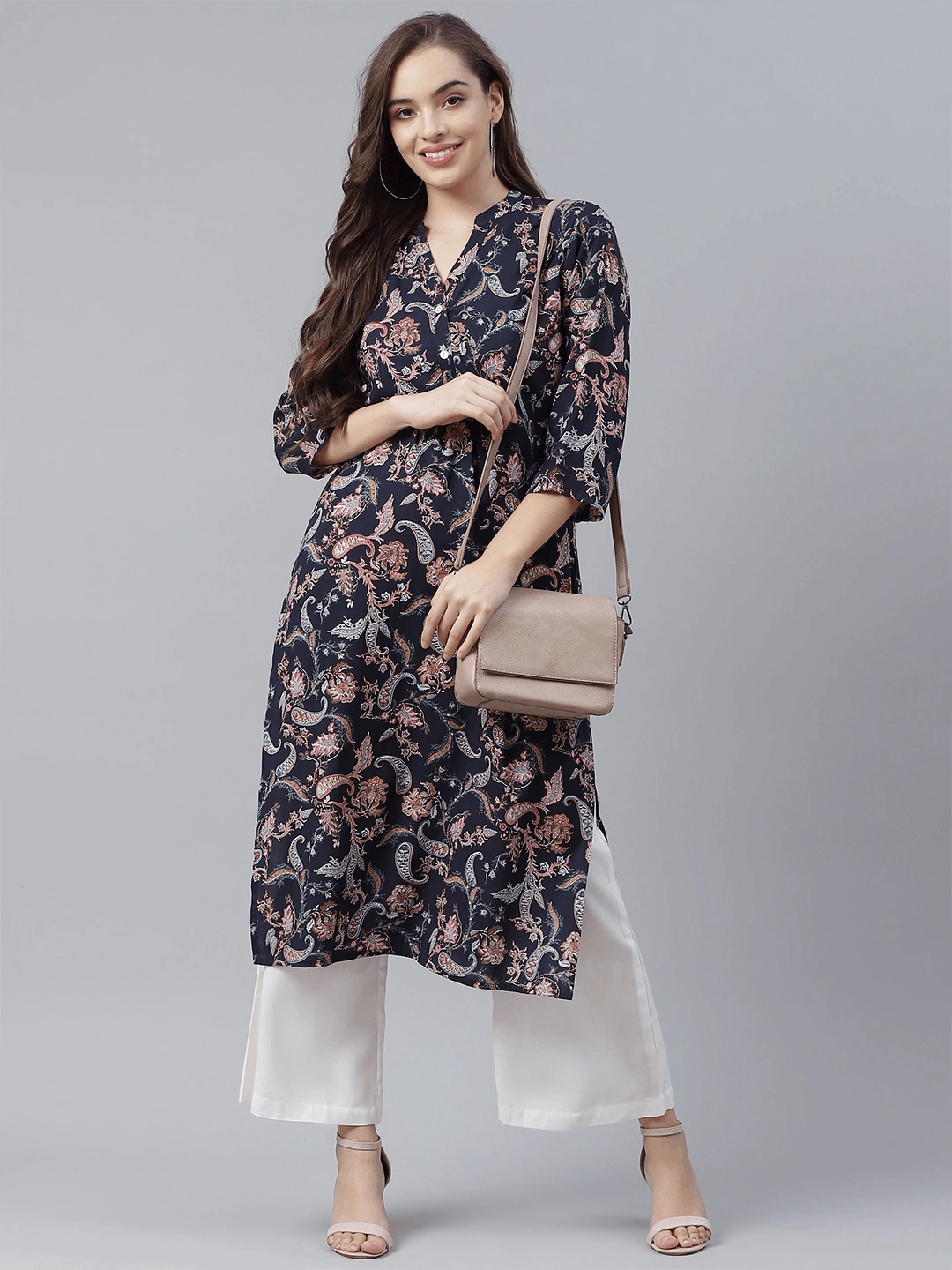 Blue Printed Rayon Straight Kurti