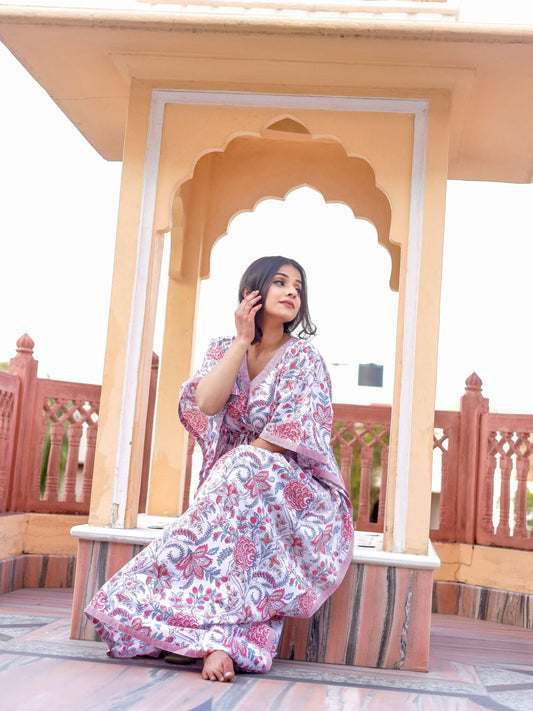 White And Pink Floral Print Kaftan - world.com