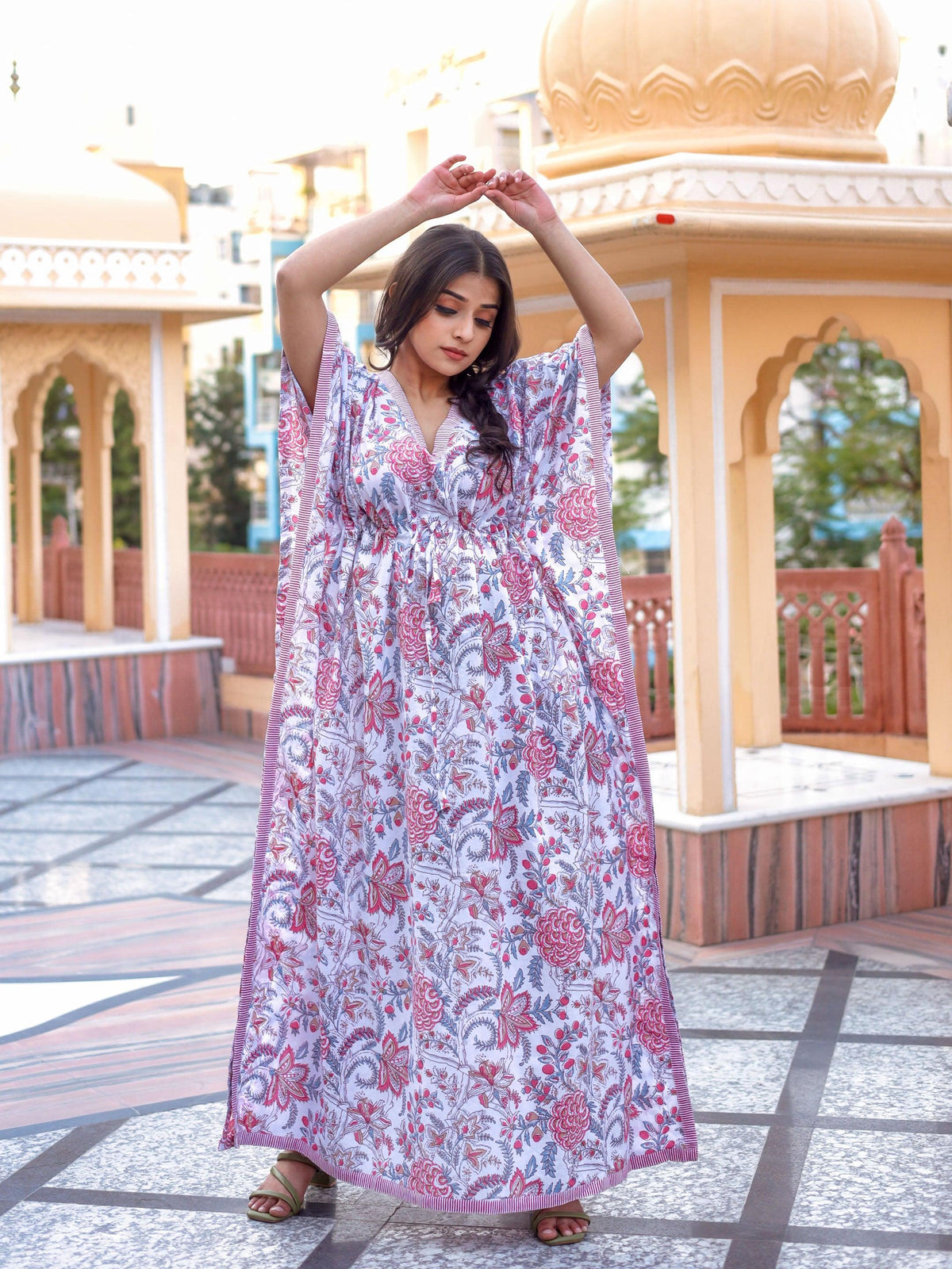 White And Pink Floral Print Kaftan - world.com
