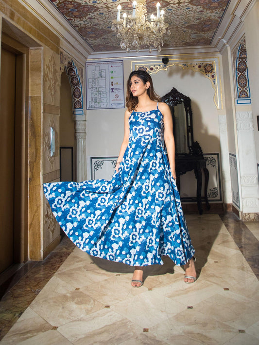 Indigo Print Cotton Long Dress