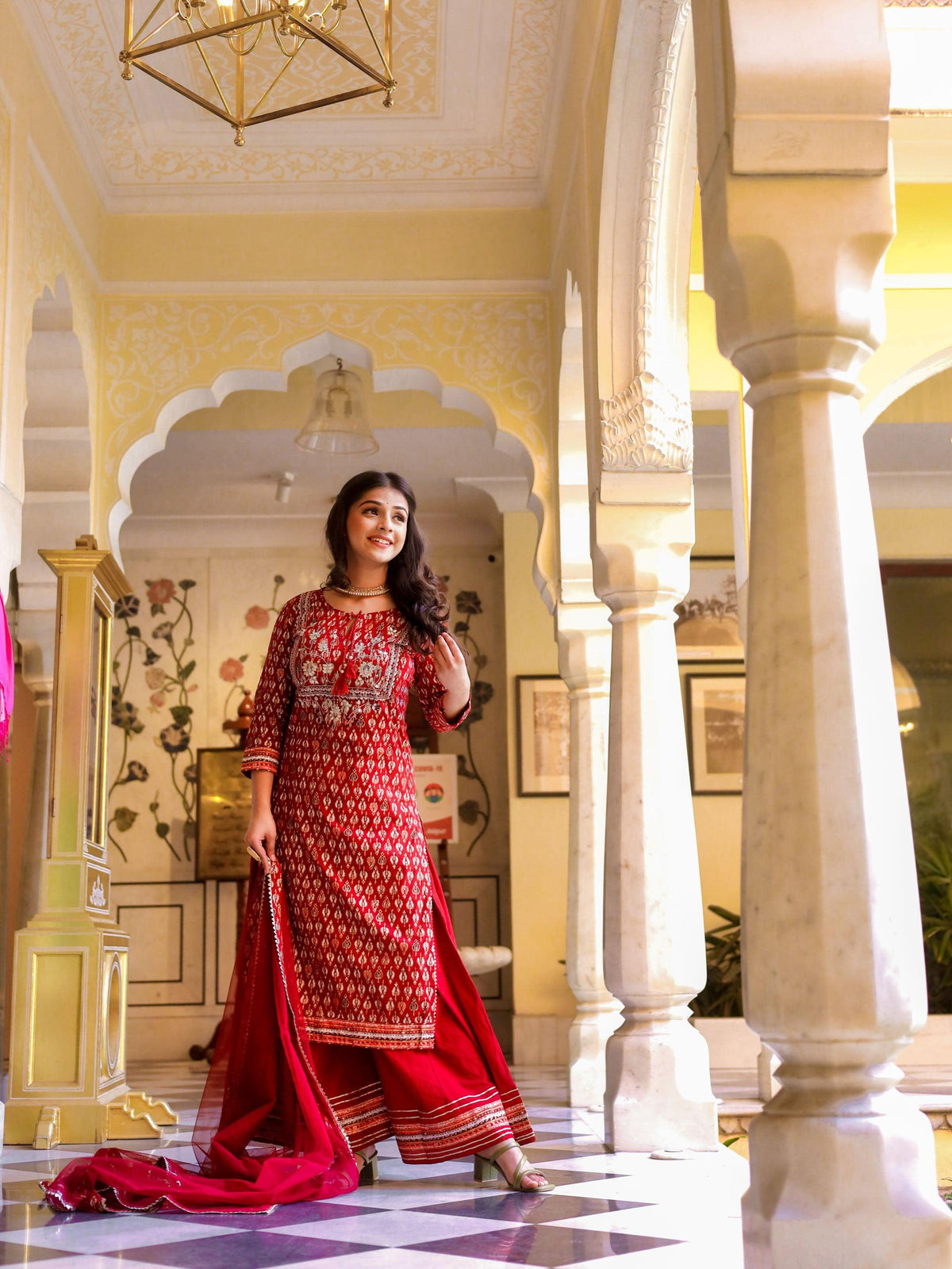 maroon Cotton Kurta palazzo set with net dupatta - world.com