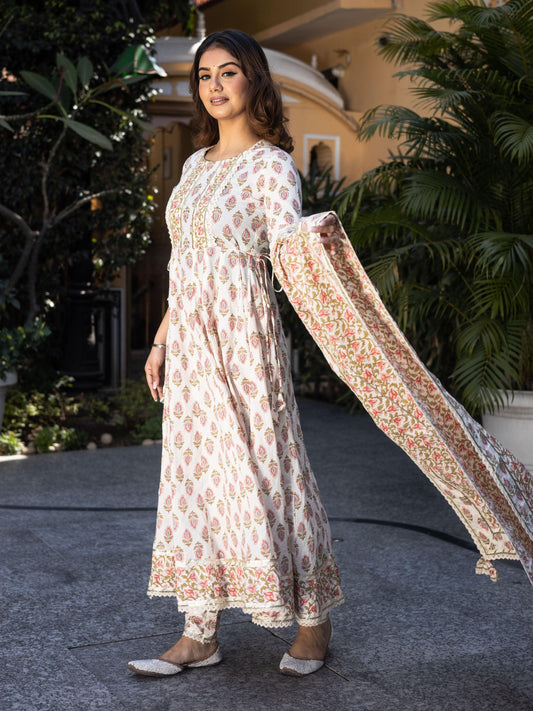 Cream Floral Anarkali Cotton Kurta Palazzo set with Dupatta - world.com