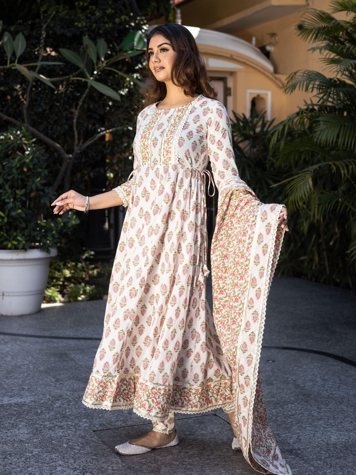 Cream Floral Anarkali Cotton Kurta Palazzo set with Dupatta - world.com
