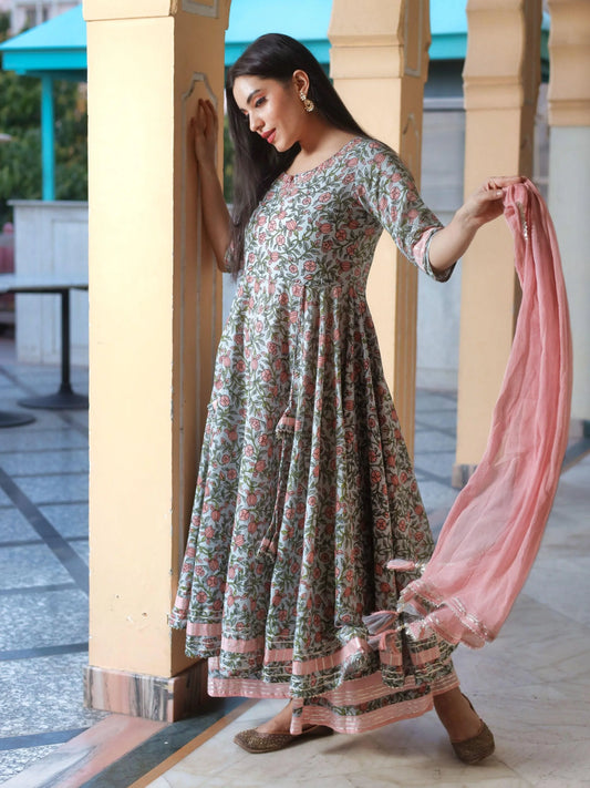 Pastel Blue Floral Anarkali Cotton Kurta Palazzo Set