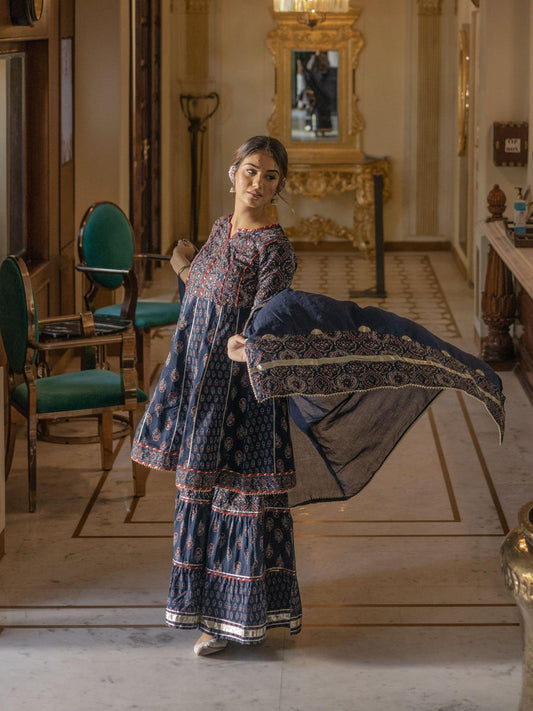 Indigo Cotton Short kurti Sharara set with Dupatta - world.com