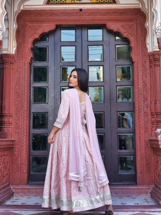 Light Pink Cotton Anarkali Gown Pant set with Net Dupatta - world.com