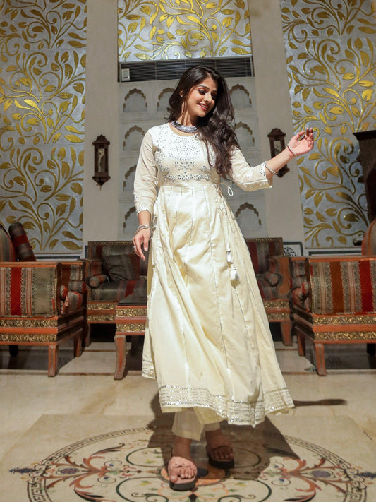 Off White Cotton Anarkali kurta Pant Set - world.com