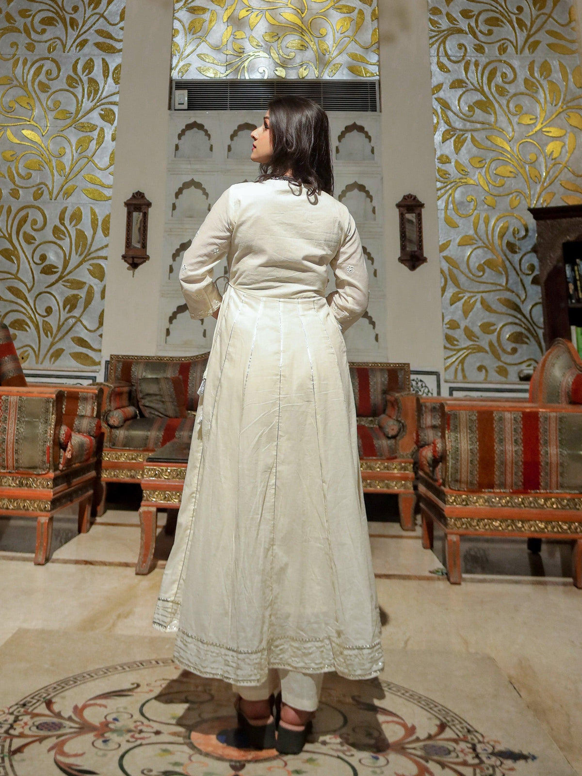 Off White Cotton Anarkali kurta Pant Set - world.com