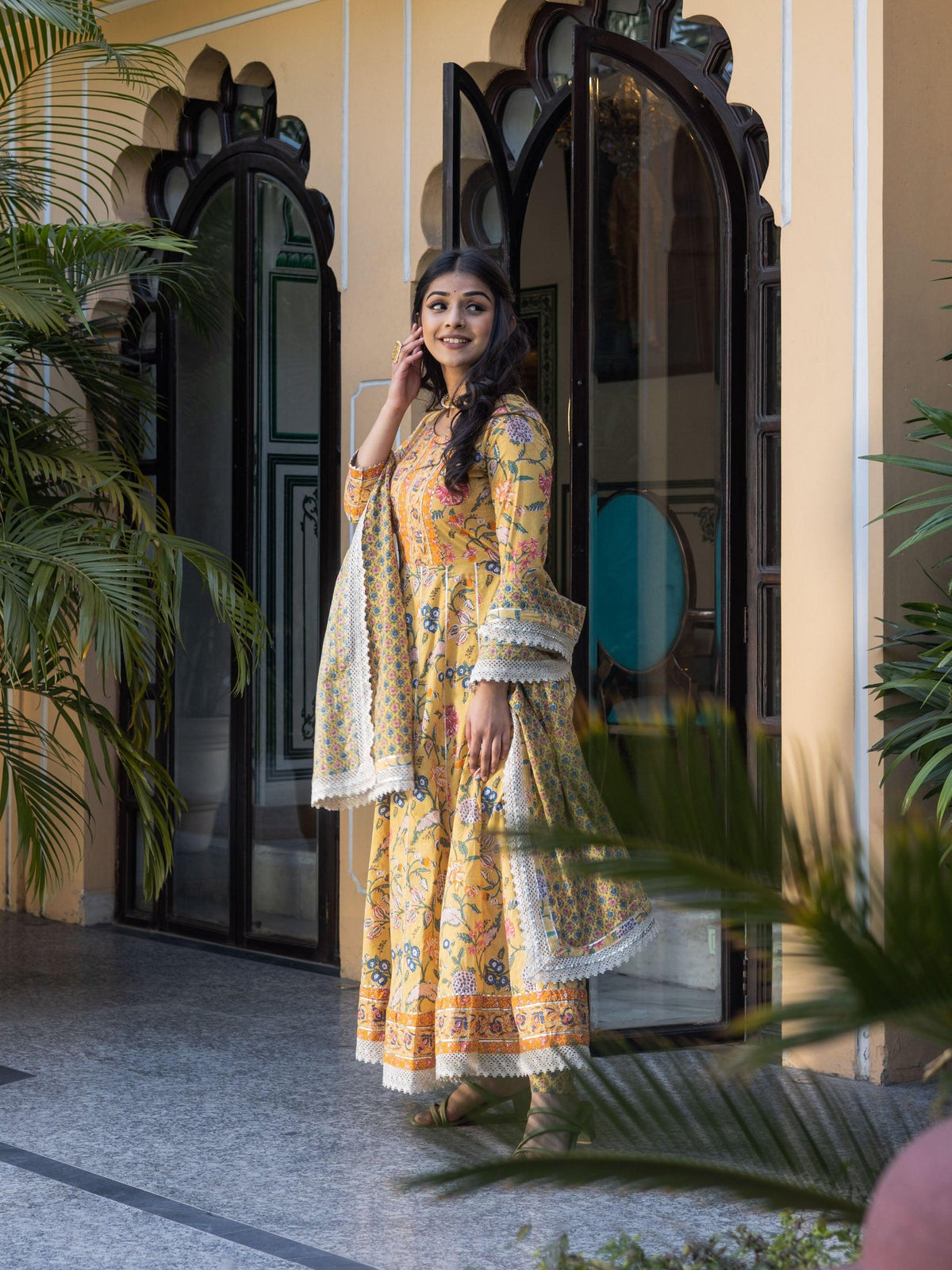 Yellow Floral anarkali Pant Set with Dupatta - world.com