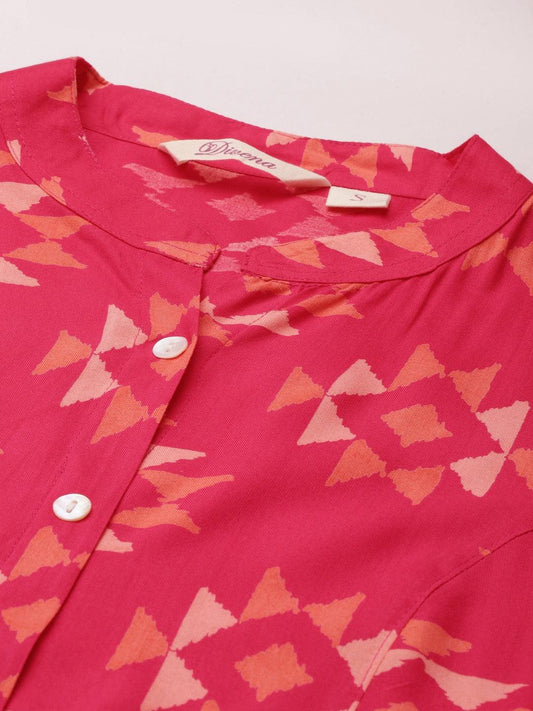 Pink Geometric Print Rayon Shirt Style Top