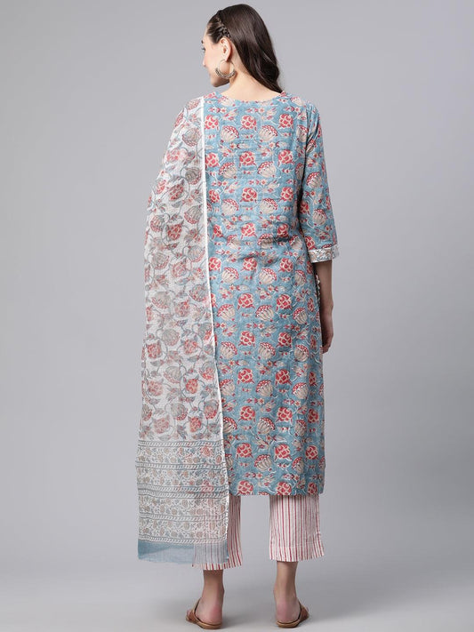 Turquoise Blue Hand Block Printed Kurta Pant Set with Dupatta