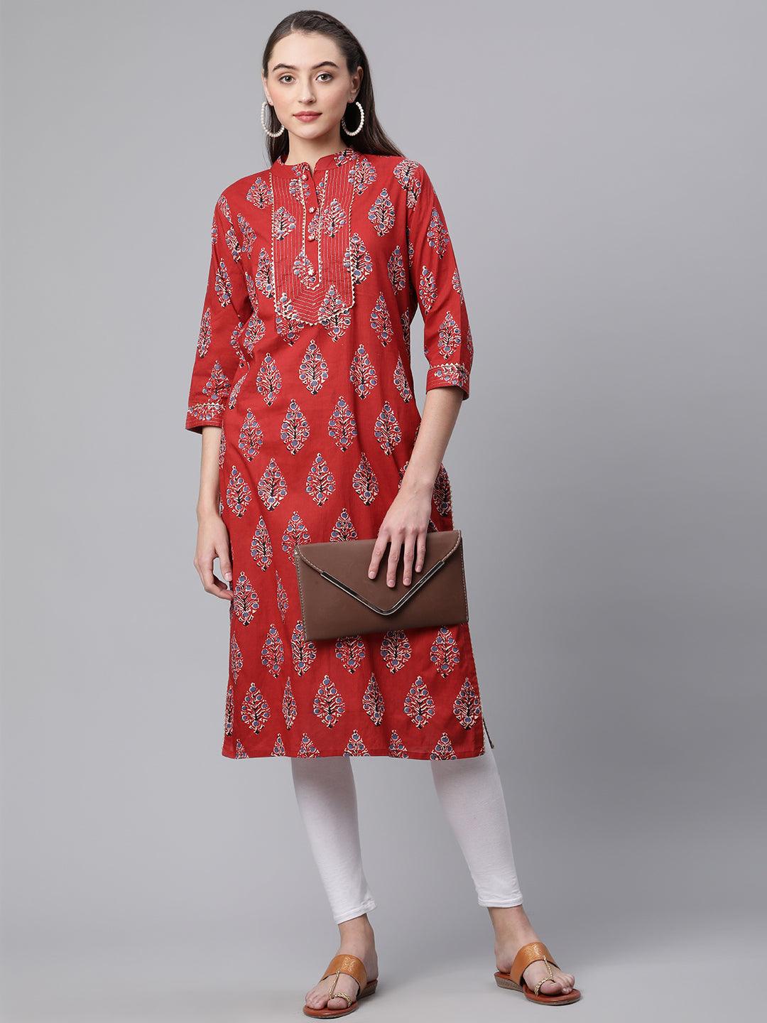 Red Cotton Straight Kurta