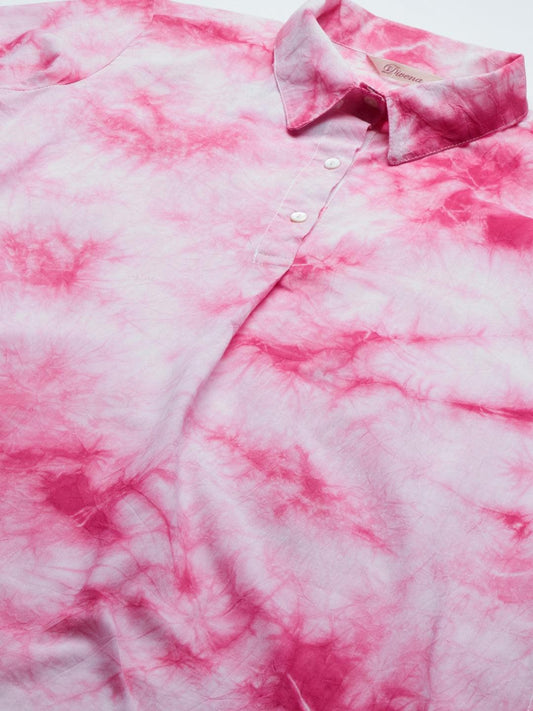 Pink Cotton Shirt Style Kurta Hem Cuffed Pant Set