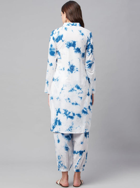 Blue Cotton Shirt Style Kurta Hem Cuffed Pant Set