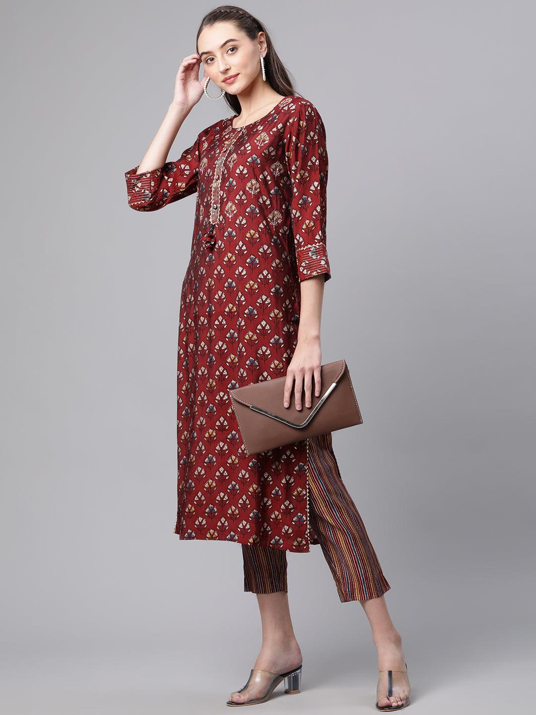 Maroon Chanderi Kurta pant set - world.com