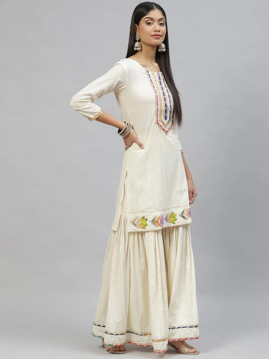 Cream Solid Kurta Sharara Set With Hand Painted Dupatta
