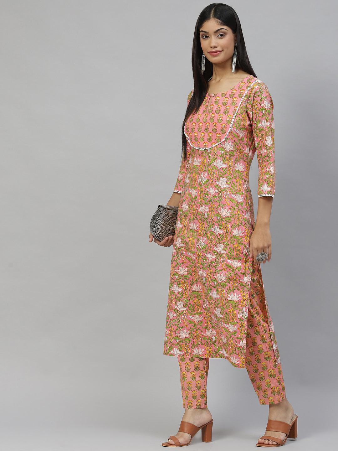 Pink Floral Cotton Kurta Pant Set