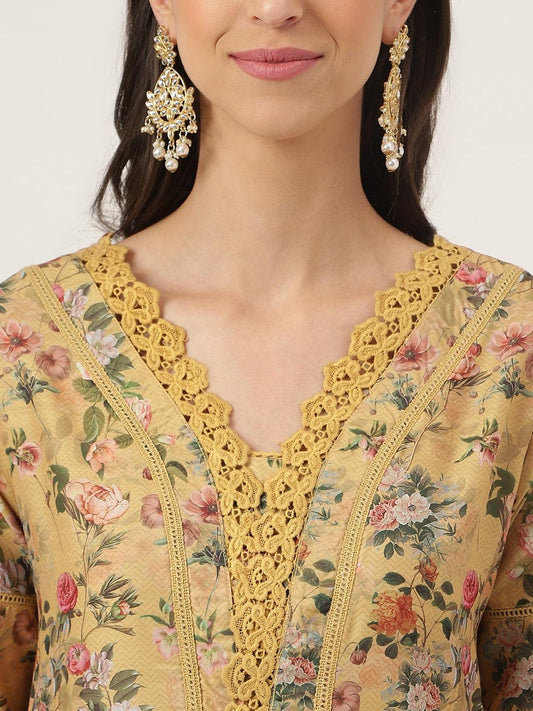 Yellow Chanderi Floral Printed Kurta With Organza Dupatta