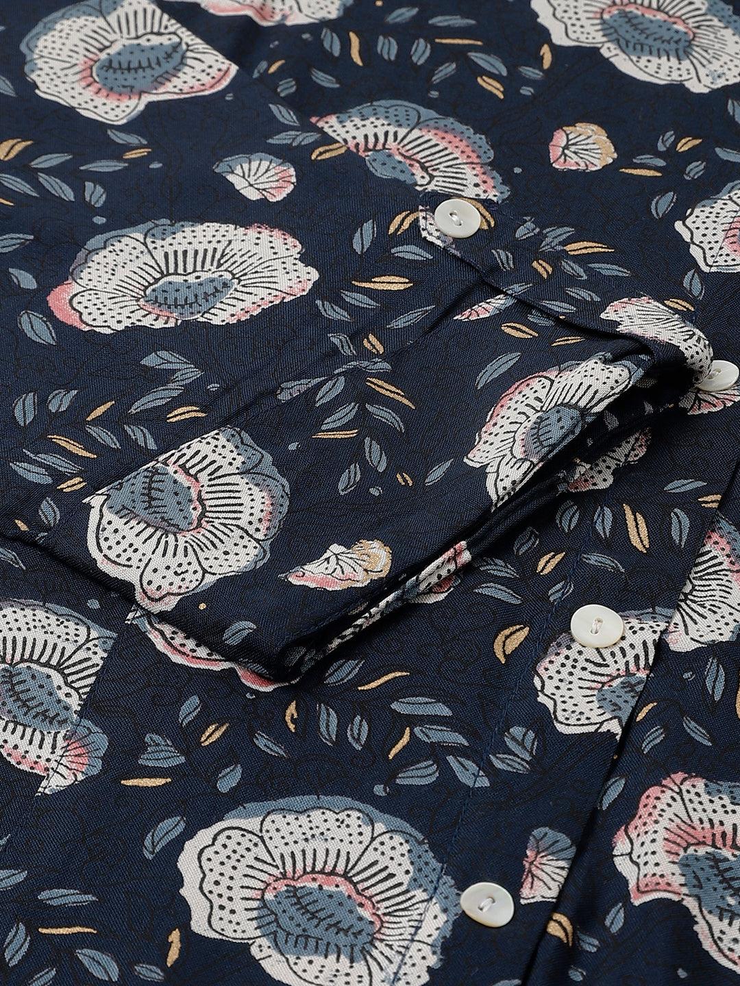Blue Floral printed Rayon A-line Shirts Style Top
