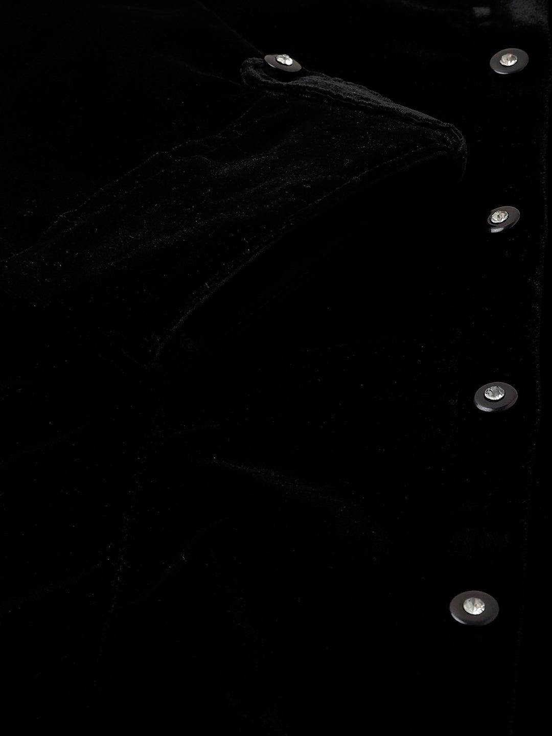 Black Solid Velvet A-line Shirts Style Top