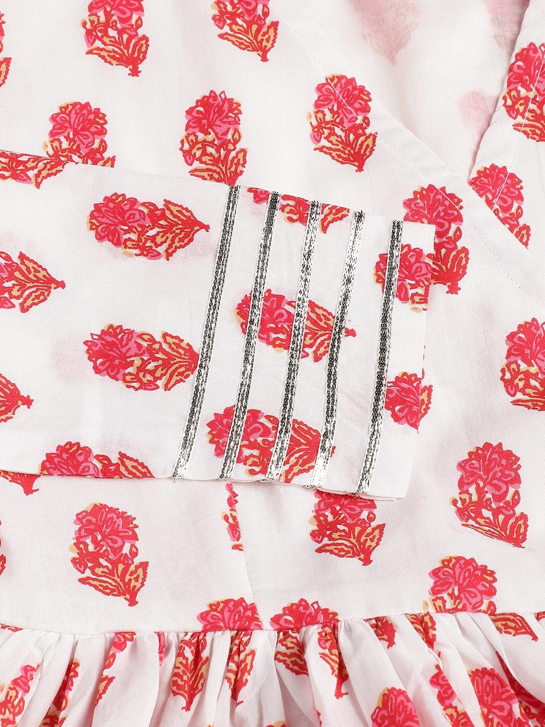 White and Red Floral Printed Angarakha Kurta