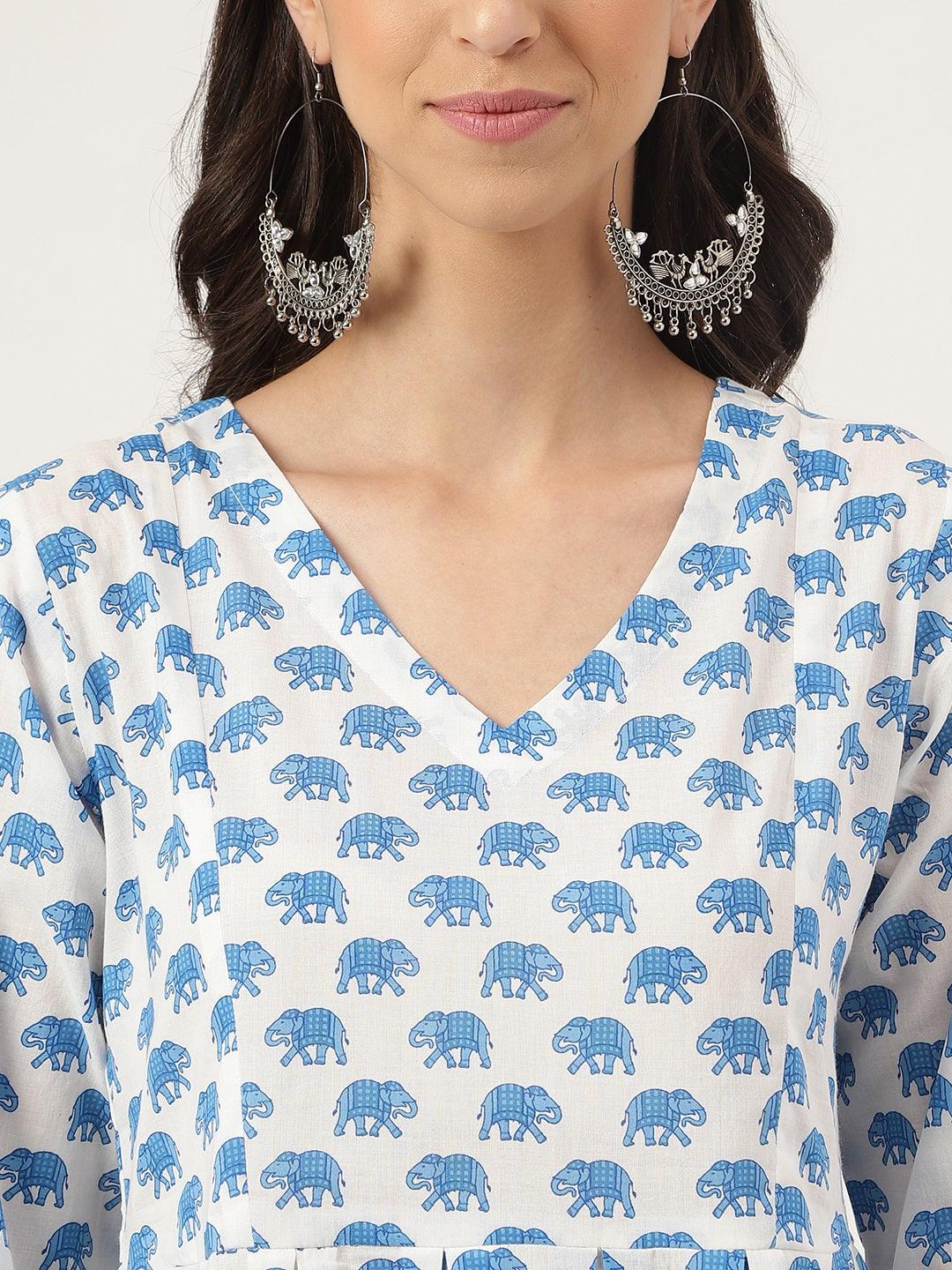White Animal Printed Cotton Peplum Top Pant Co-ords Sets
