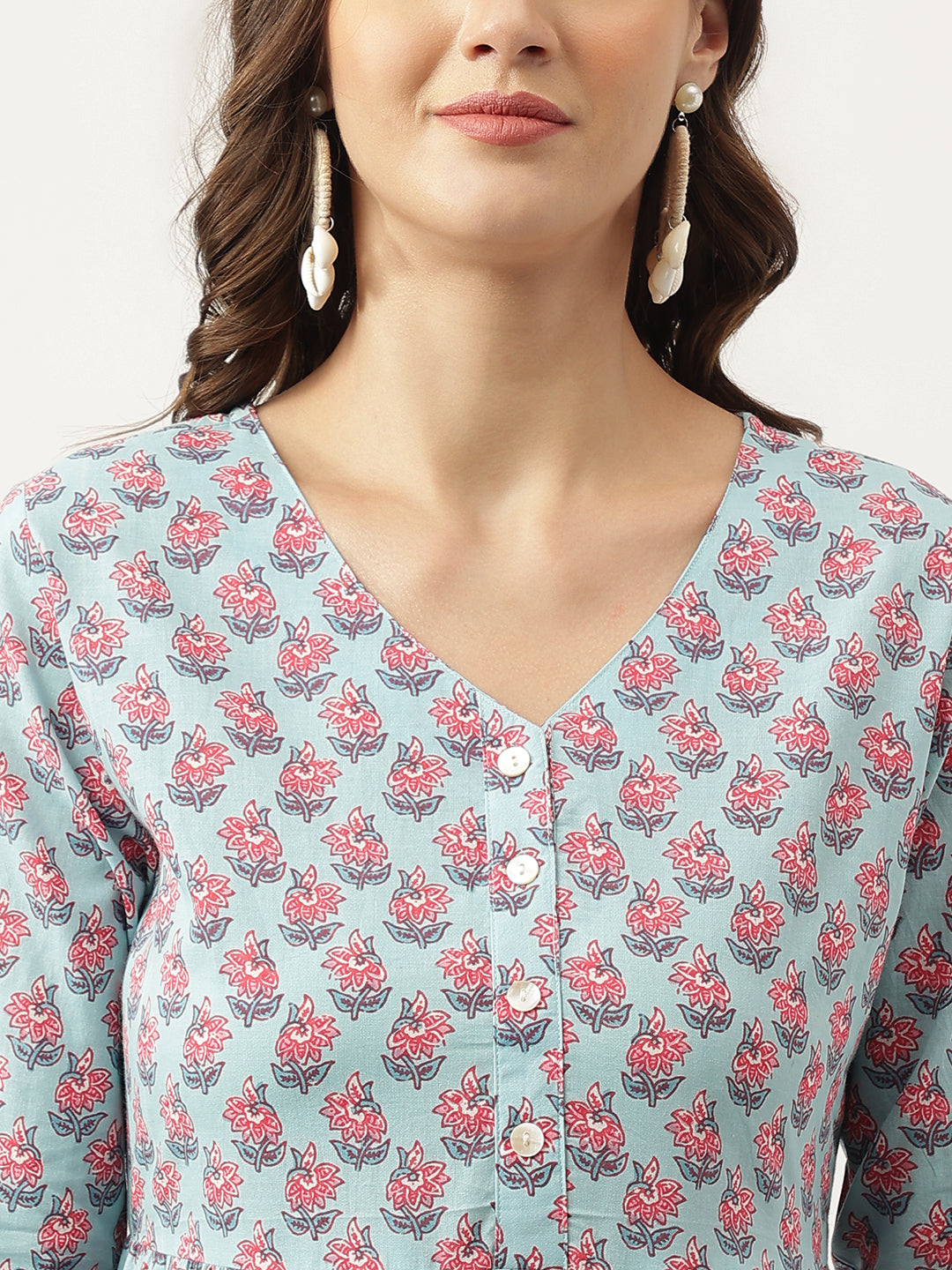 Sky Blue Floral Printed Cotton Tiered Dress
