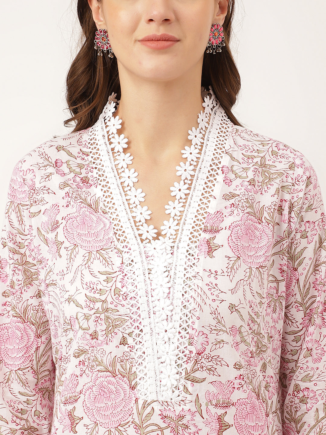 White Hand Block Floral Print Cotton Kurta, Trouser & Dupatta