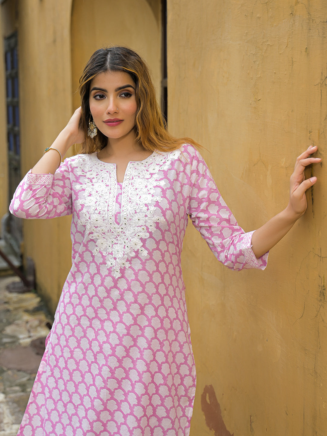 Pink Hand Block Straight Cotton Kurta Pant Set