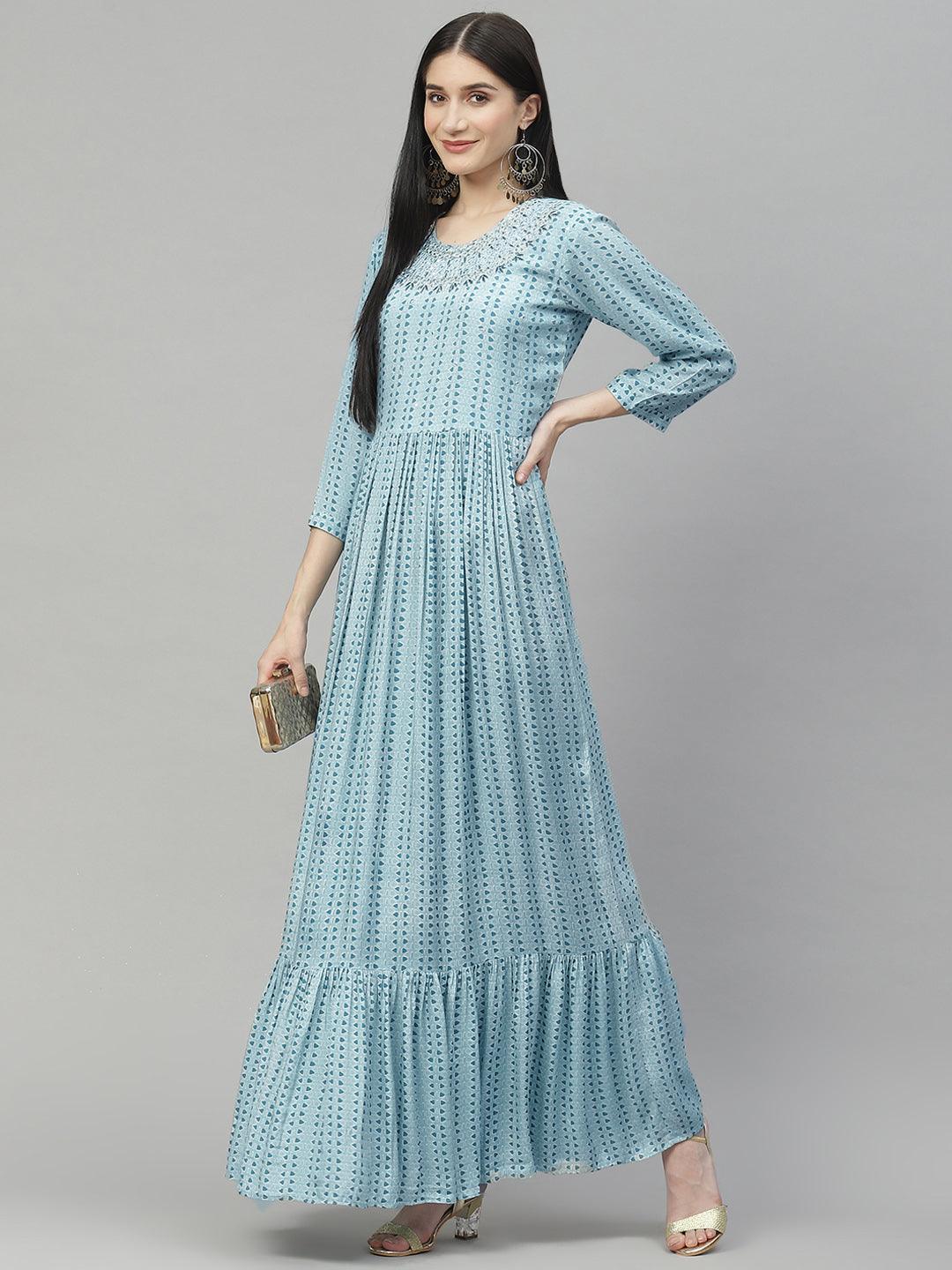 Blue Muslin Flared Gown - world.com