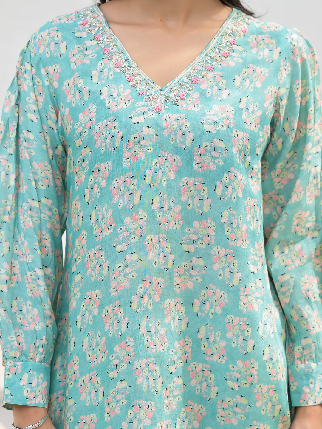 Green Embroidered V-Neck Top With Trousers Co-Ords
