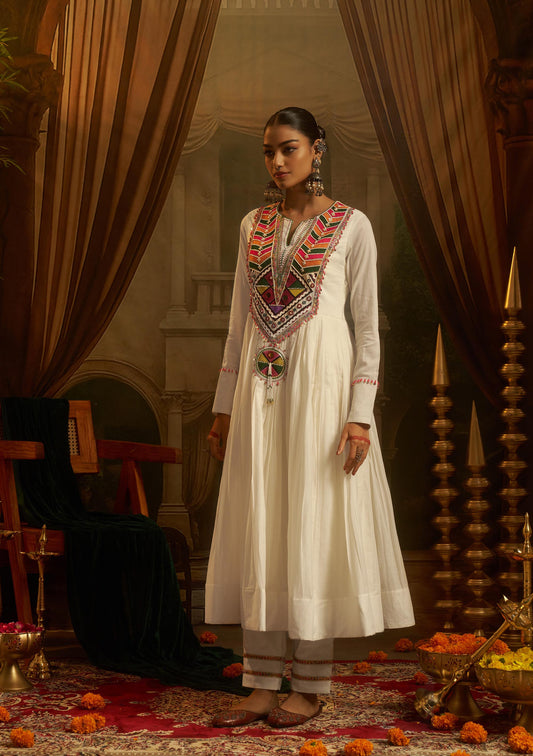 Ivory Mul Cotton Kutchi Mirror Work Navratri Anarkali Kurta Set