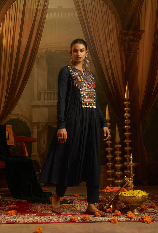Black Mul Cotton Kutchi Mirror Work Navratri Anarkali Gown